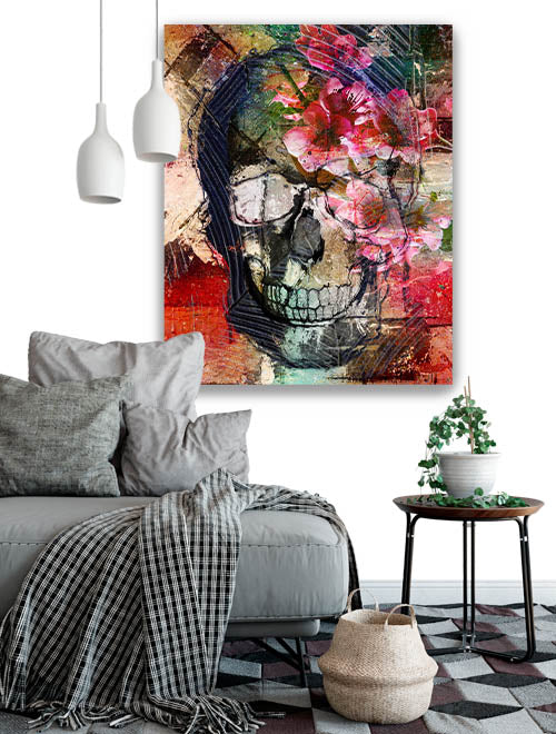 Skull wall art. Skull with flowers. Large red wall art. Cool abstract art prints.