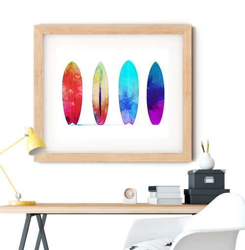 Surfboards art print. Summer wall art. Surfboard watercolor art.