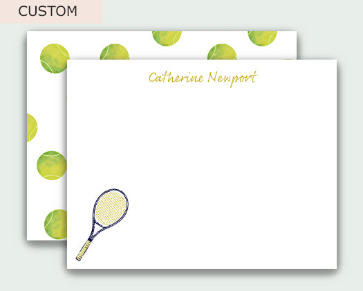 Personalized note cards for tennis player. Tennis illustrated notecards.