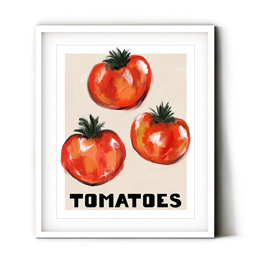 Tomato art print for your kitchen decor. Perfect wall art for the tomato lovers modern kitchen. Tomato wall art to decorate with a vegetable garden theme. Receive a high-quality reproduction from our original tomato trio artwork printed onto your choice of paper or a ready-to-hang canvas.