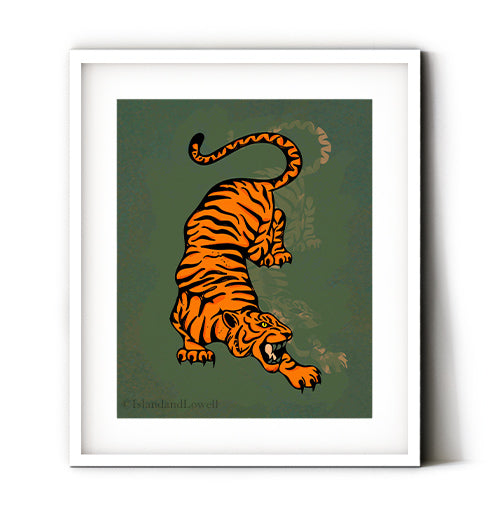 Trendy wall art featuring a tiger on green background. Stay on trend with our amazing array of prints and canvas that keep yoru decor looking modern and fresh. Receive a high-quality reproduction from our original trendy tiger artwork printed onto your choice of paper or a ready-to-hang canvas.