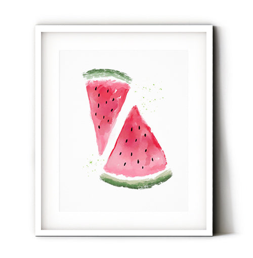 A sweet pair of watermelon slices art print for your summer decor. Juicy reds and greens will make your summer walls look delicious. Perfect decorative wall art featuring bright watercolor watermelon. Receive a high-quality reproduction from our original watermelon artwork printed onto your choice of paper or a ready-to-hang canvas.