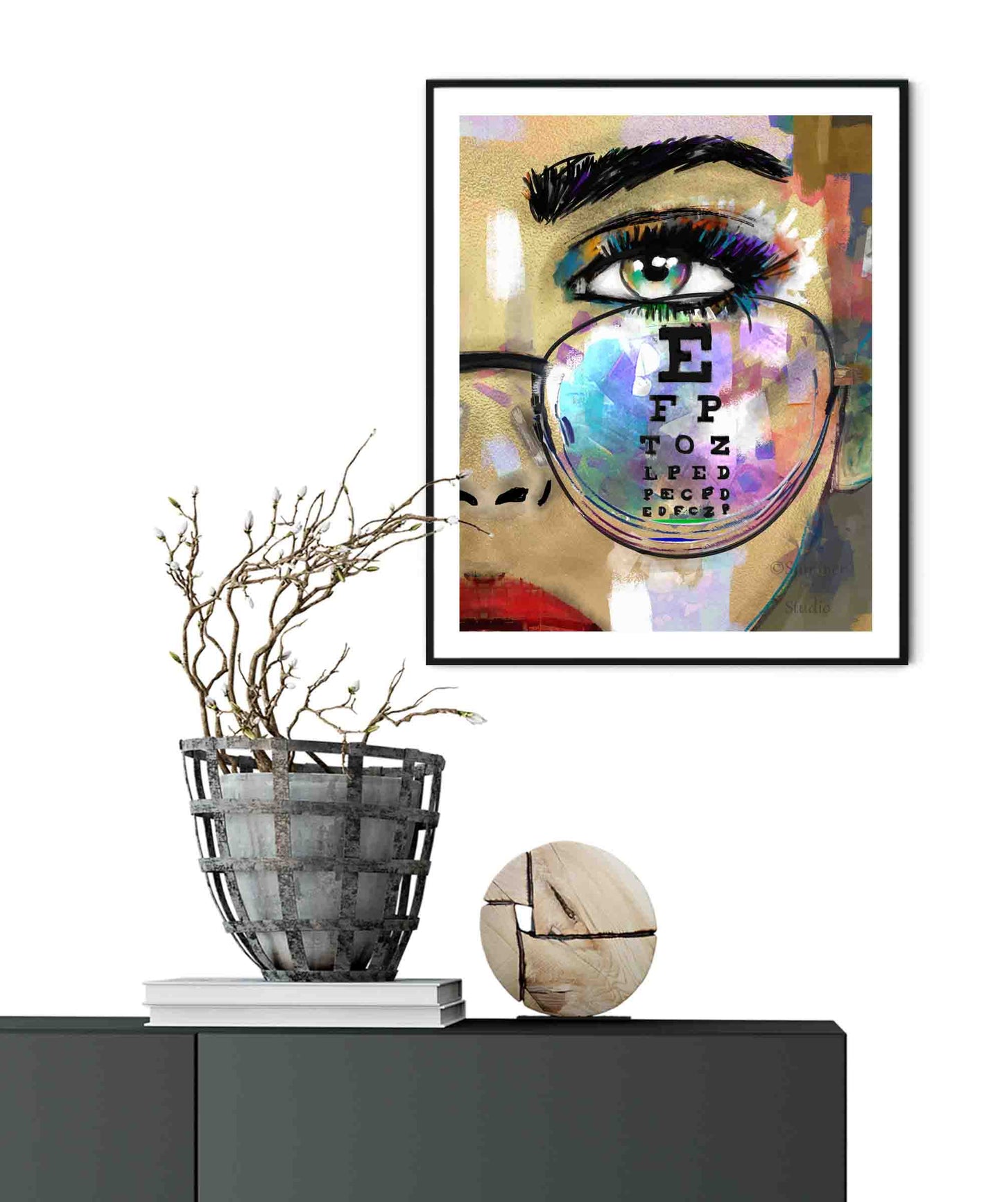 Eye chart wall art. Eye art with eye chart prints for optometry office or optician practice.