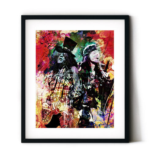 Slash and Axl art print. Great wall decor for any fan of the hard rock scene of the late 1980s. Add this print to your music print collection and make your walls shout. Receive a high-quality reproduction from our original GNR artwork printed onto your choice of paper or a ready-to-hang canvas.