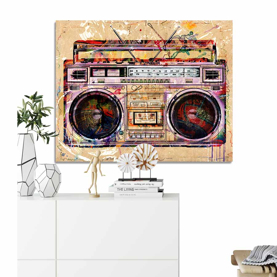 Boombox canvas wall art. 1980s music art. Retro wall art featuring a boombox radio with colorful watercolor on a beige background.