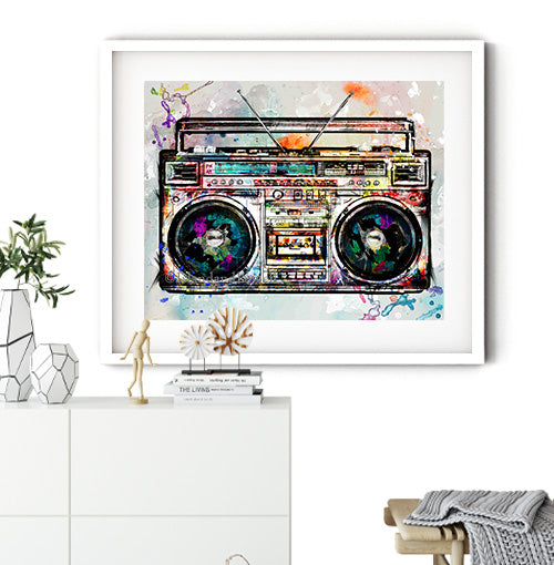 Boombox art. Wall decor for dance studio. Hip hop dancer prints. Radio boombox of the 1980s wall art.