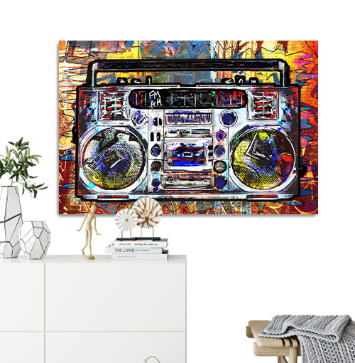 Graffiti boombox art. Boombox wall art. Music prints of boombox 1980s radio.