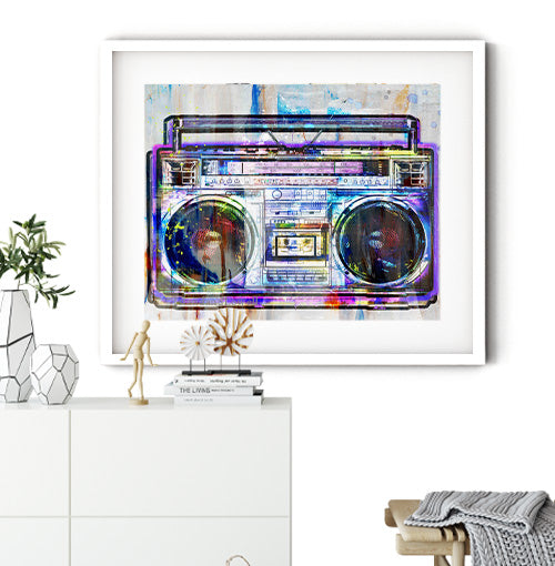 Boombox wall art. Large canvas wall art for music room. Purple music room decor. Boombox graffiti style. 1980s radio box purple art.