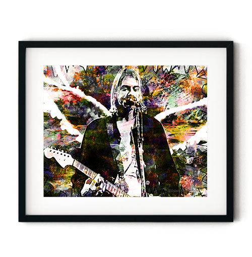 Cobain with wings art print. Grunge will live forever in this cool wall art. Rock your walls with this Kurt Cobain original design. Receive a high-quality reproduction from our original Cobain grunge artwork printed onto your choice of paper or a ready-to-hang canvas.