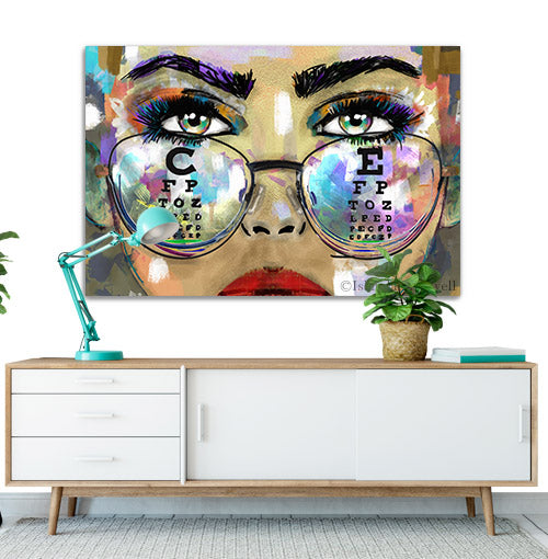 Optometry wall art. Eyeglasses art with the eye chart. Large wall art for eye care office. Art for optometry student. Ophthalmology wall art. Eye posters and eye canvas art. Eye exam room wall art.