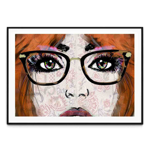 Colorful wall art for eyewear store. Eyeglasses art posters. Large eyeglasses with face art. Optician decor.  Eyeglass shop art prints. Optometry waiting room wall art.