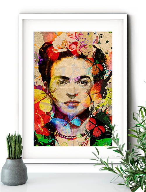 frida kahlo portrait wall art prints. Butterflies around woman face wall art.