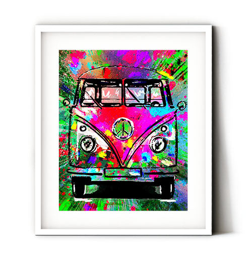 Hippie van wagon with tie dye colors art print. Hippie camper wall art. Tie dye van art.