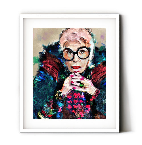 Iris Apfel art print. Apfel wall art. Fashion glamour wall art.  100 year old fashion. Apfel portrait.