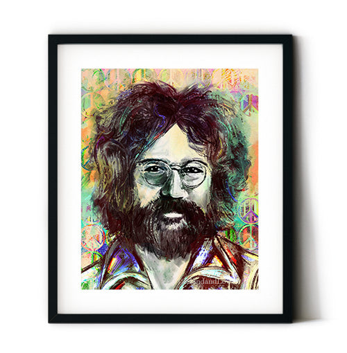 Jerry garcia art print. Jerry garcia wall art with peace symbols. Hippie tie dye colors. Hippie decor. Pop culture portrait, Jerry garcia.