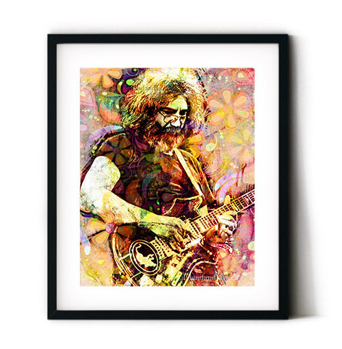 jerry garcia wall art. Portrait of jerry garcia art to display in a simple frame on the wlls of a music room, music studio or living space.