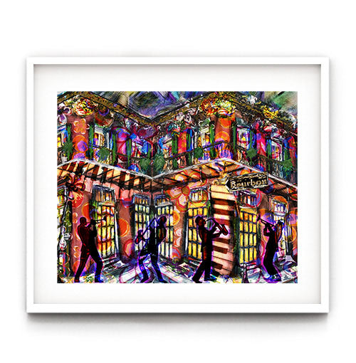 New Orleans jazz wall art. Mardi gras art prints. Bourbon street art prints. Jazz musicians on Bourbon Street wall art.