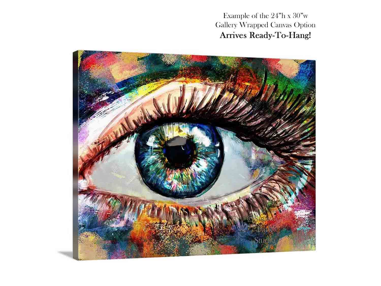 Colorful eye wall art. Eye on canvas, ready to hang. Eyeball prints. Large eye art for office.