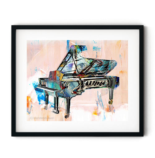 Piano wall art. A classic abstract featuring a grand piano with lots of color and texture. Titled, Grand Keys, this piano wall art will be the perfect addition to your piano room or family music space. Receive a high-quality reproduction from our original piano masterpiece printed onto your choice of paper or a ready-to-hang gallery wrapped canvas.