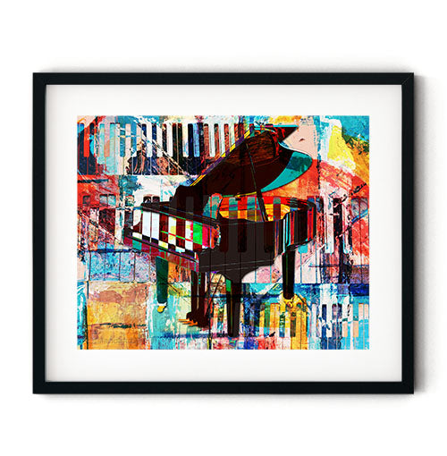 Piano wall art. A classic abstract featuring a grand piano with lots of color and texture. Titled, The keys to happiness, this piano wall art will be the perfect addition to your piano room or family music space. Receive a high-quality reproduction from our original piano masterpiece printed onto your choice of paper or a ready-to-hang gallery wrapped canvas.