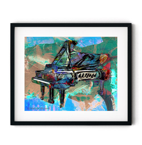 Piano wall art. A classic abstract featuring a grand piano with lots of color and texture. Titled, Grand Keys, this piano wall art will be the perfect addition to your piano room or family music space. Receive a high-quality reproduction from our original piano masterpiece printed onto your choice of paper or a ready-to-hang gallery wrapped canvas.