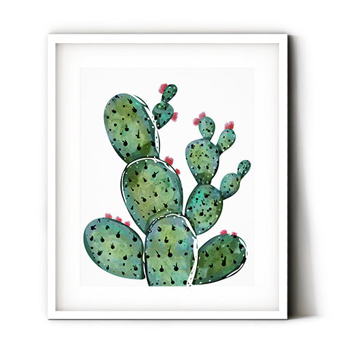 A simple prickly pear cactus art print for your desert landscape decor. Bring nature indoors with this cactus wall art. A decorative art print featuring a prickly pear cactus with watercolor elemnts, a beautiful display of nature. Perfect design to summer up your home office decor or entry way wall. Receive a high-quality reproduction from our original prickly pear cactus artwork printed onto your choice of paper or a ready-to-hang canvas.