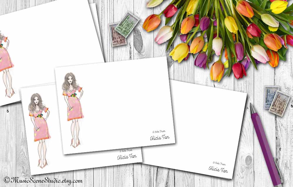 personalized note cards with custom girl illustration