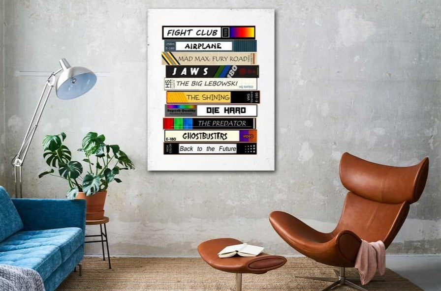 VHS Movie Tapes Wall Art. Custom video tape art with movie titles.