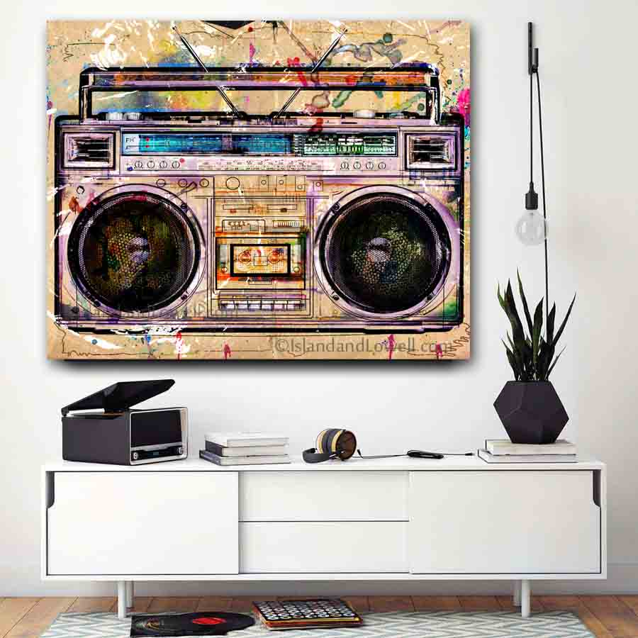 Boombox wall art. Boombox radio art prints. Music room decor. Large living room wall art. Boombox canvas art.  Graffiti boombox canvas print.