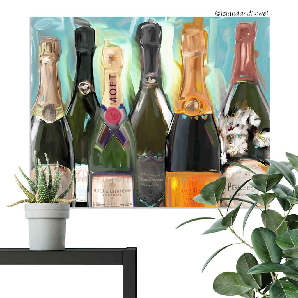 Champagne wall art. Champagne bottles art print. Bar cart decor.