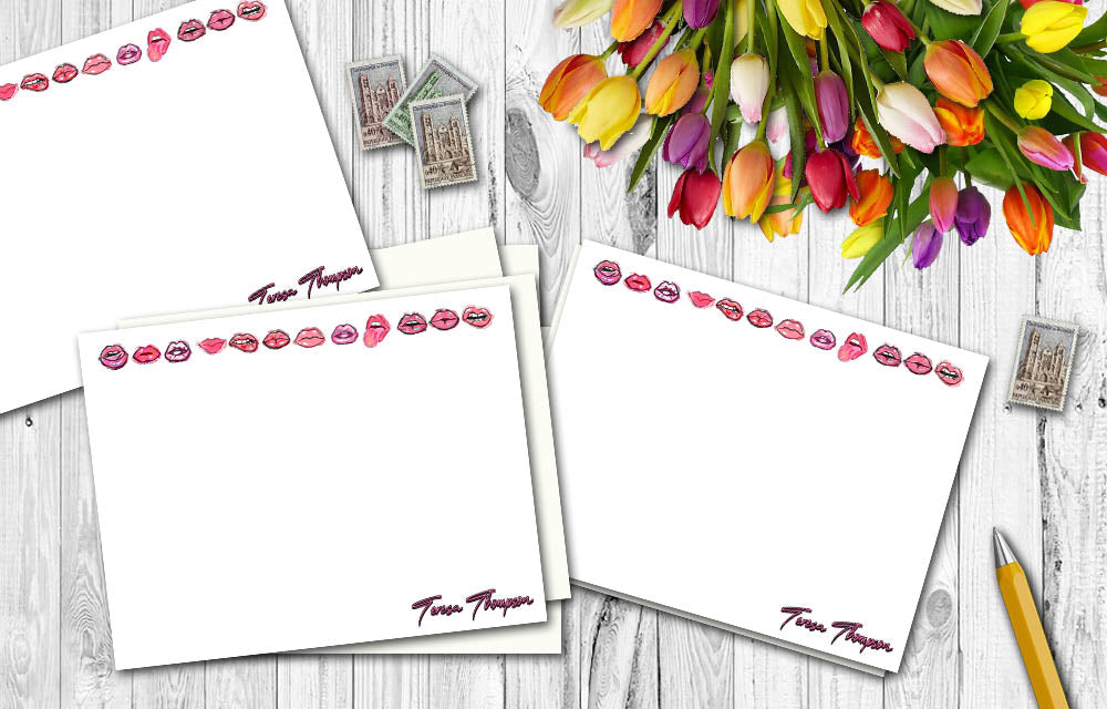 custom personalized note cards with name and lips art illustration