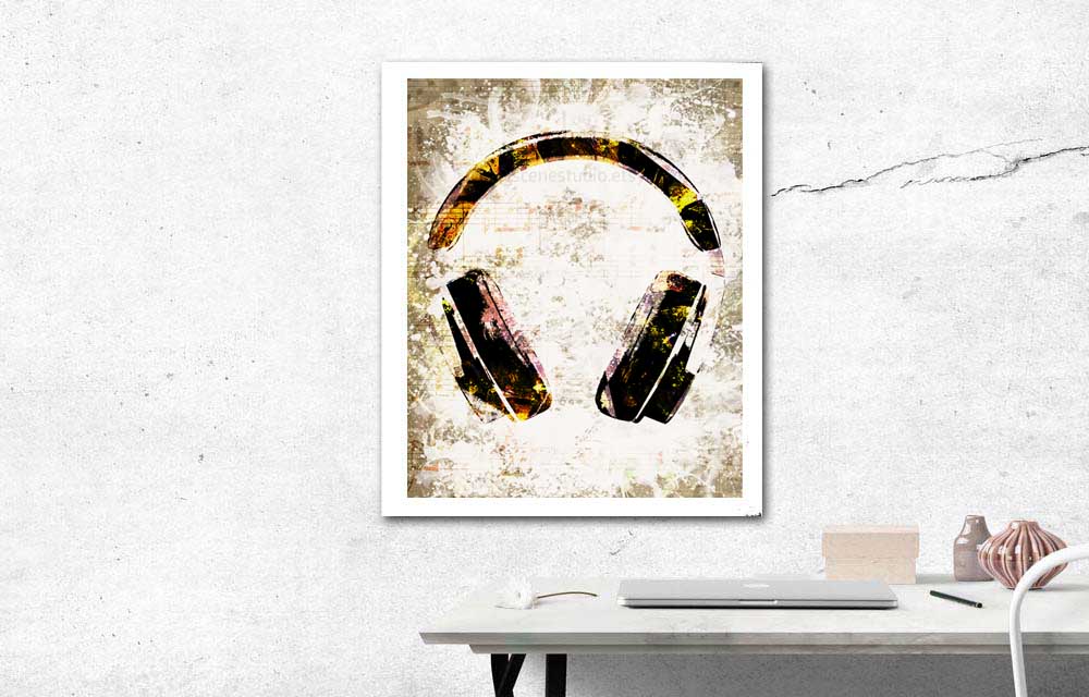 Music headphones wall art for living room. Large wall art for living room music. Headphones art prints.