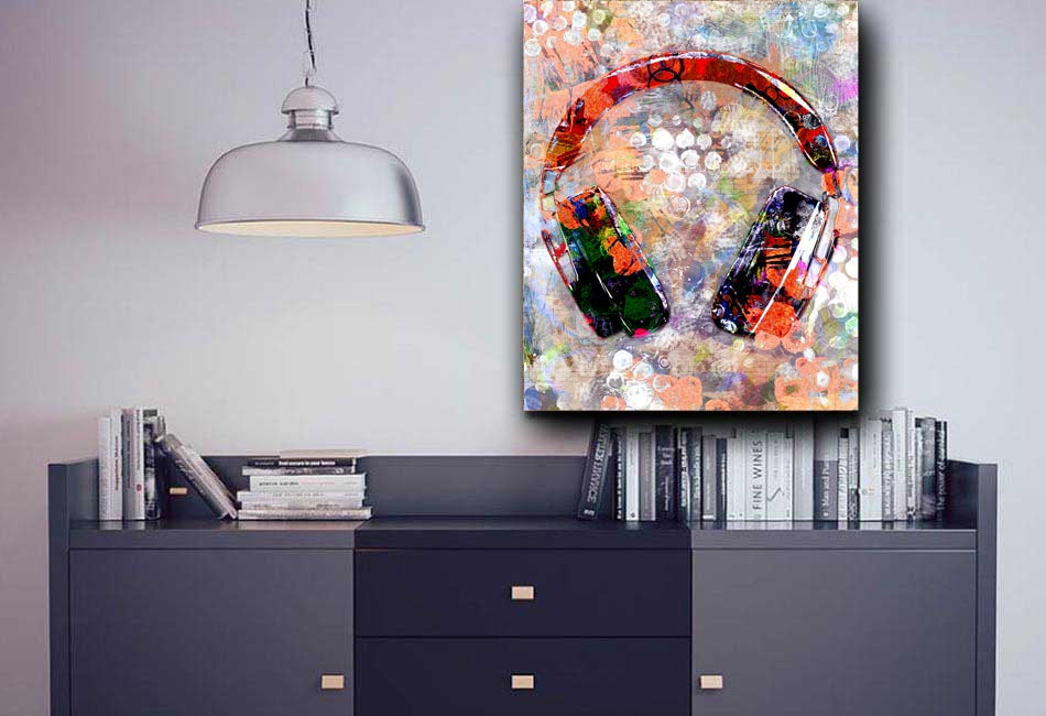 Music headphones canvas wall art ready to hang.