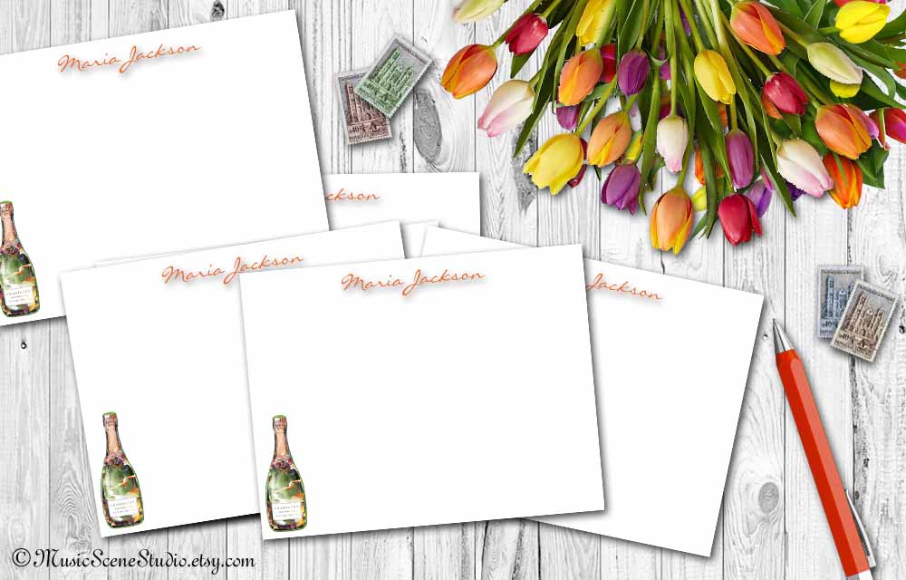 custom flat notes with envelope champagne wine bottles art